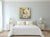 A bright and upbeat original contemporary abstract painting characterized by warm butter-yellow fields, crisp white...