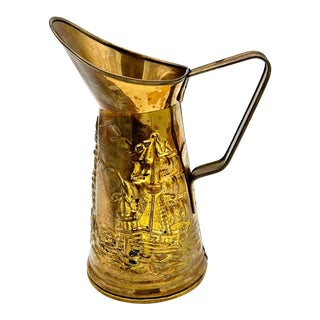Vintage Peerage Embossed Brass Pitcher Sailing Ship & Lighthouse, England For Sale