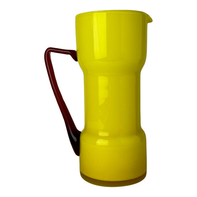 1980s Vintage Yellow and Red Empoli Cased Italian Glass Pitcher For Sale