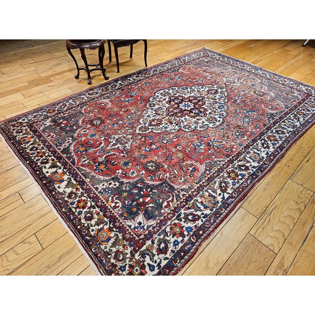 Vintage Persian Bakhtiari Rug, Handwoven Wool, Medallion Floral Pattern, Brick Red & Ivory, 7x11 For Sale In Chicago - Image 6 of 15