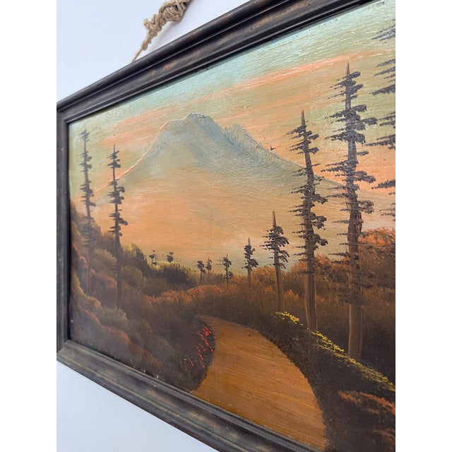 Wood Vintage Framed Landscape Painting of Mountain Path at Sunset, Signed, Folk Art Style For Sale - Image 7 of 9