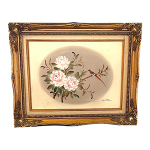 Original Signed K Chu Oil on Canvas, Bird in Floral Scene, Framed