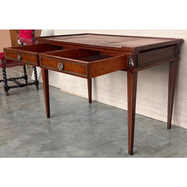 French Empire Style Mahogany Bronze Mounted Writing Desk, Leather Top Circa 1940 For Sale - Image 6 of 12