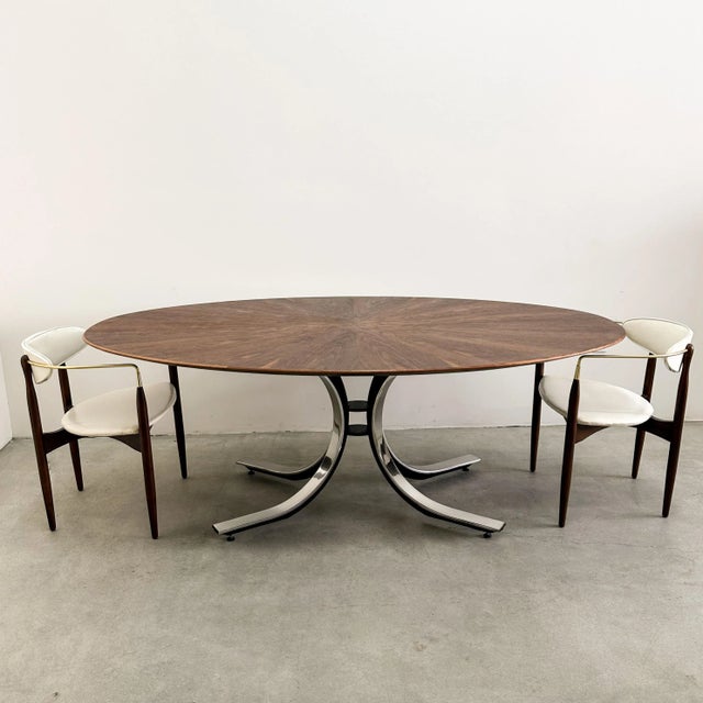 Mid-Century Modern Vintage 70s Osvaldo Borsani Oval Dining Table Walnut Starburst Top & Chrome Base For Sale - Image 3 of 10