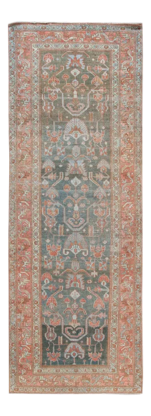 Antique Malayer Handmade Blue and Rust Floral Wool Runner