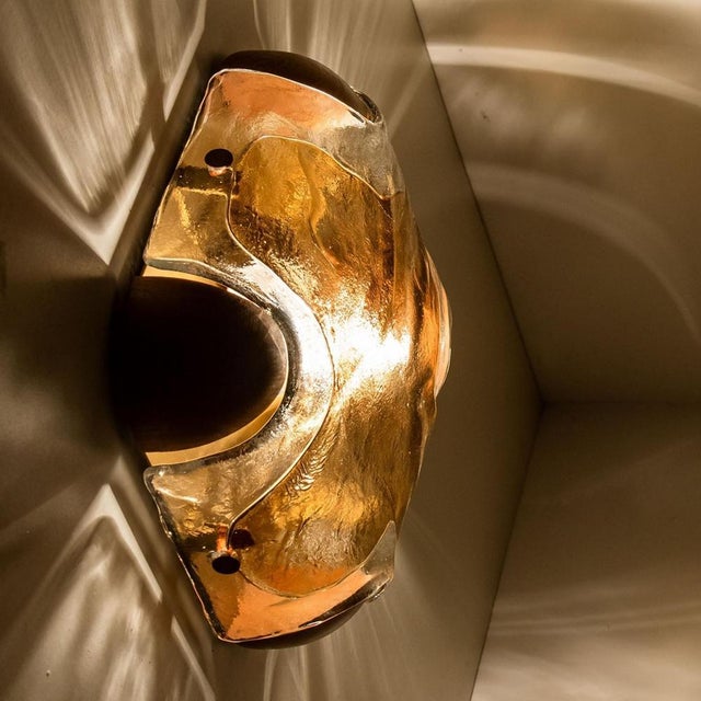 Rounded Angle Wood Smoked Layered Glass Flush Mount attributed to Kaiser, 1960s For Sale - Image 4 of 16