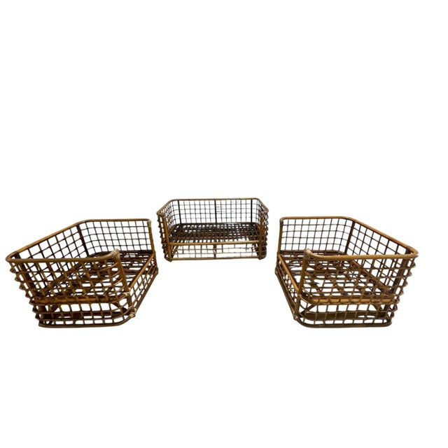 Embrace the relaxed coastal aesthetic with this set of Vintage Coastal Grid Rattan Lounge Chairs and loveseat inspired by...