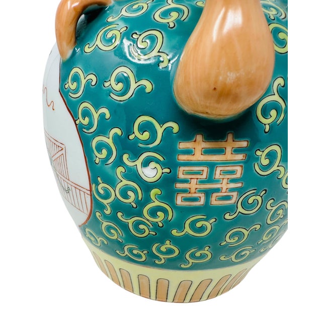 Vintage Chinese Famille Rose Ewer | Decorative Porcelain Wine Pot | Mid-Century Chinoiserie Decor | Hand-Painted Qilin Mythical Figure Pitcher For Sale - Image 13 of 15