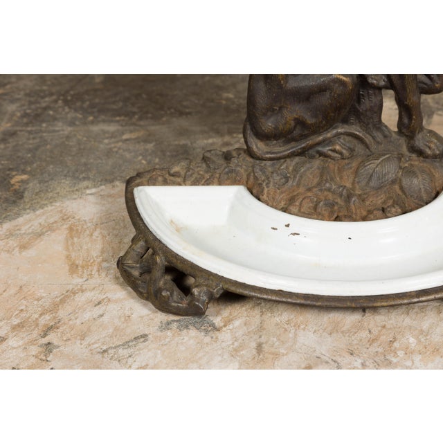 English Iron Umbrella Stand with Dog and Tree Motif and White Receptacle For Sale - Image 4 of 12