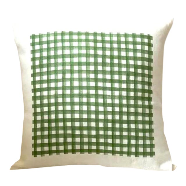 Fern Green Check Linen Pillow For Sale