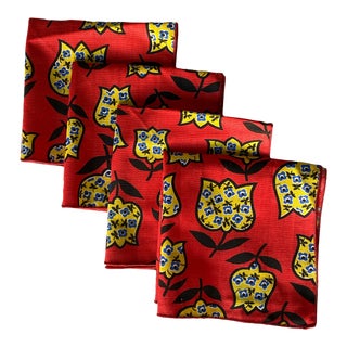 1990s Marimekko Yellow Tulip on Red Cotton Print Cocktail Napkins - Set of 4 For Sale