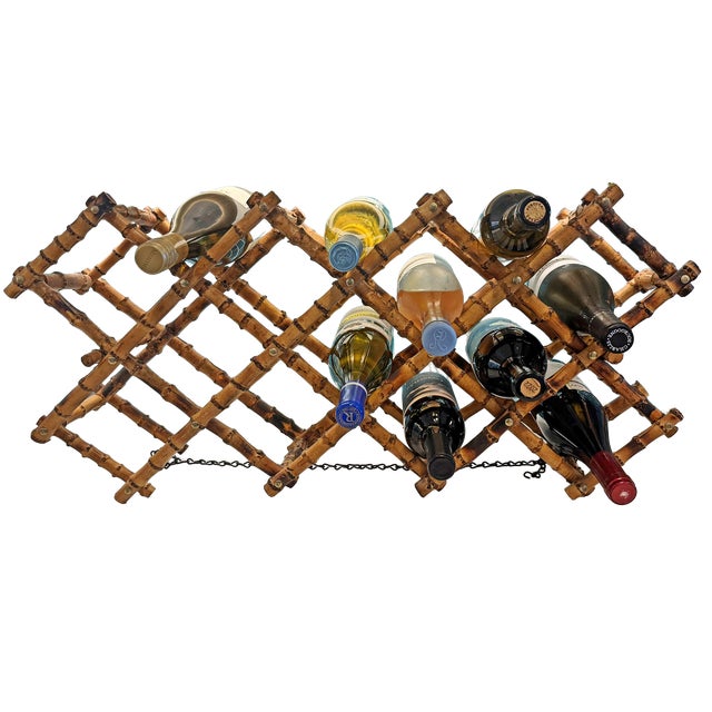 Vintage Expandable Bamboo Wine Rack | Folding Adjustable Wine Bottle Storage | Boho Coastal Hollywood Regency For Sale - Image 4 of 9