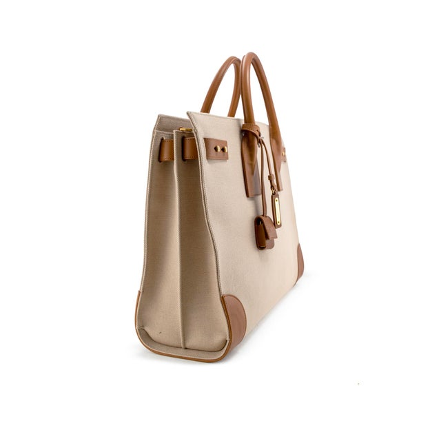 Modern Saint Laurent Sac De Jour Natural Canvas Brown Leather Tote Bag For Sale - Image 3 of 10