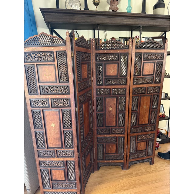 Mid 20th Century Vintage Middle Eastern Four-Panel Moorish Hand-Carved Teak Wood Folding Screen, Acquired in Bahrain For Sale - Image 5 of 7