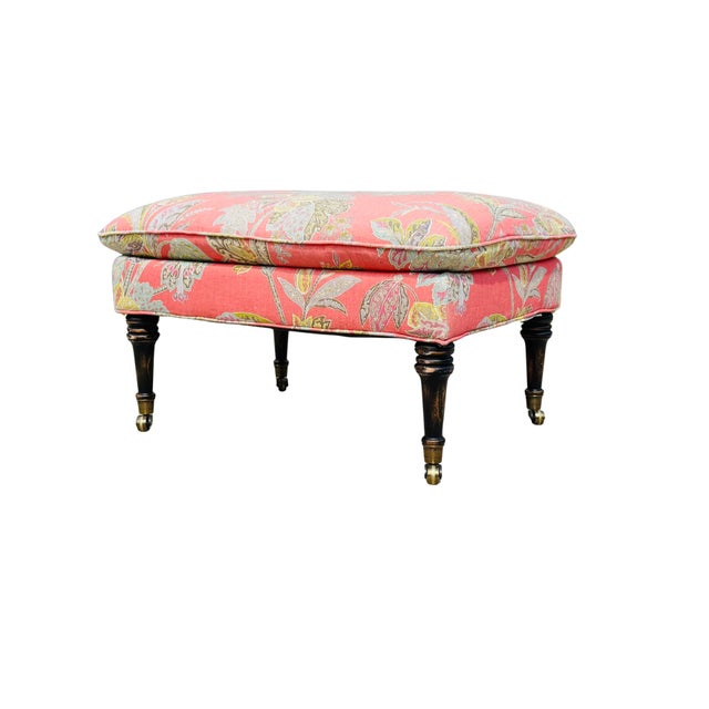 Early 20th Century Custom Cr Laine Coral Botanical Cocktail Ottoman | Luxury Designer Upholstered Coffee Table Ottoman With Turned Wood Legs & Brass Casters For Sale - Image 5 of 11