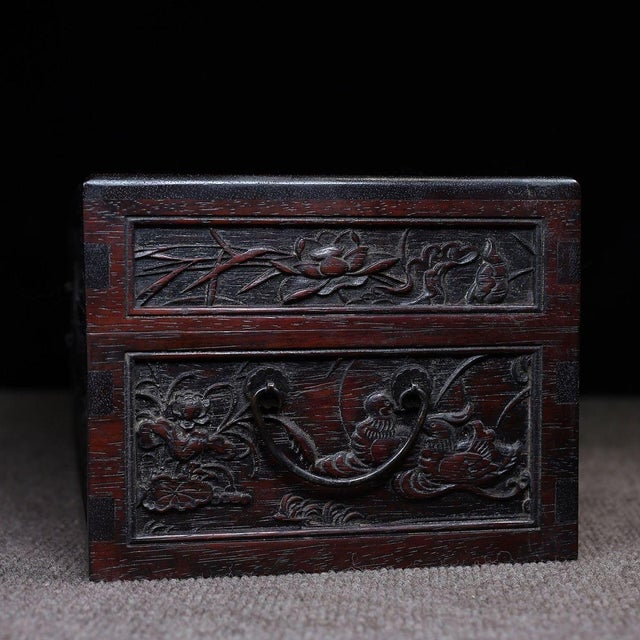 Wood Zitan Wood Box Carved With Lotus Pond Scene & Poetry For Sale - Image 7 of 10
