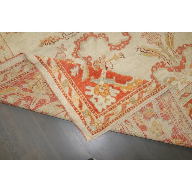 Folk Art Antique Zabihi Collection Ivory Orange Turkish Oushak Room Size Carpet - 10'7" x 13'3" For Sale - Image 3 of 12