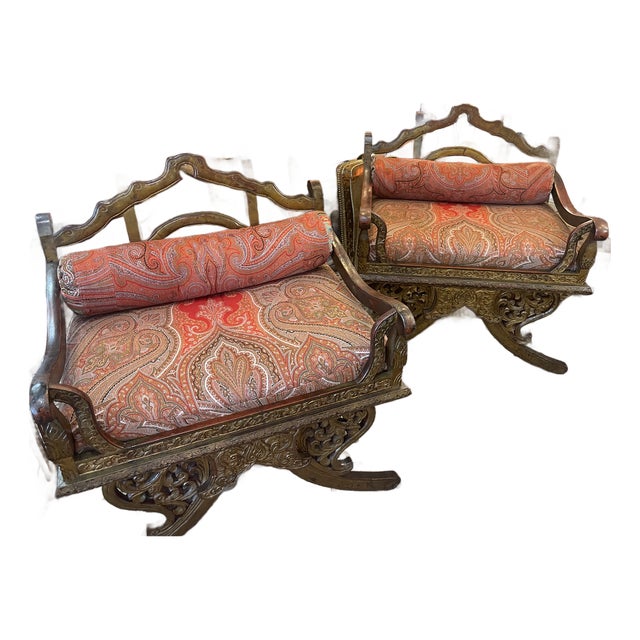 Pair Rosewood Howdah Elephant Saddle Chairs, Antique Paisley For Sale