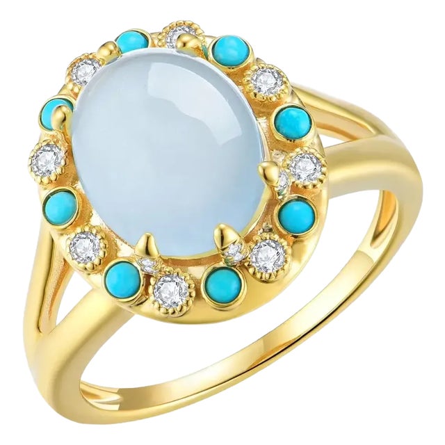 Nina Zhou Aquamarine Turquoise Diamond Vintage-Style Cocktail Ring in 14k Yellow Gold Ring, size 7 For Sale