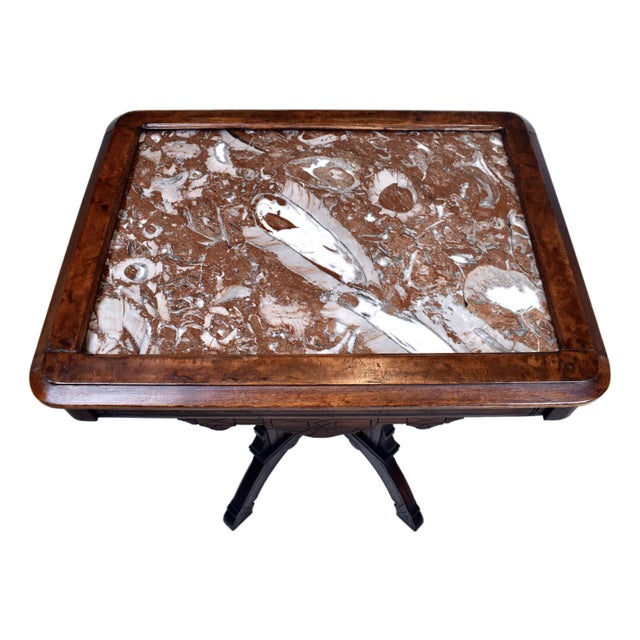 Antique Aesthetic Movement Victorian Carved Mahogany Marble Top Parlor Side Table For Sale