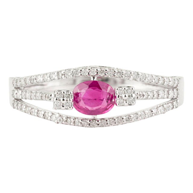 Natural Ruby & Diamond Split Shank Bypass Ring Size 4 in 14k White Gold For Sale
