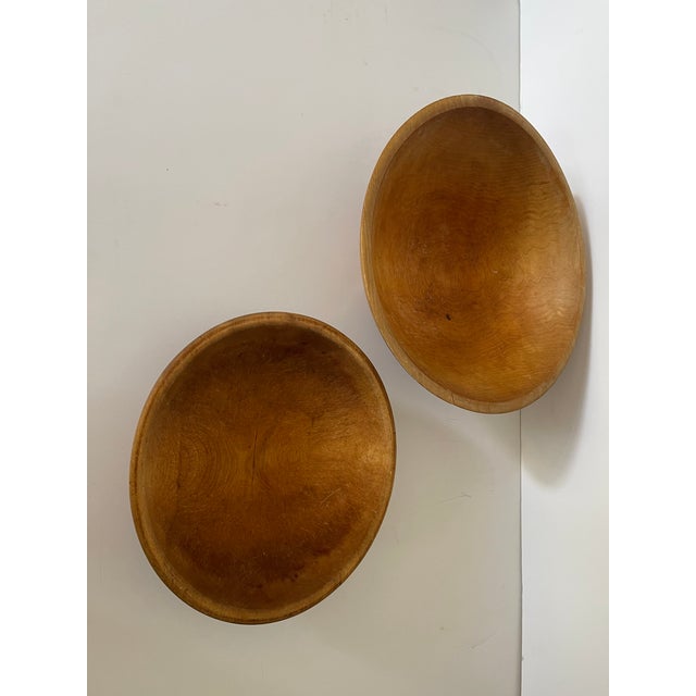 1960s 2 PCS Vintage Folk Art Wood Dough Fruit Bowls Handcarved Oval For Sale - Image 5 of 6