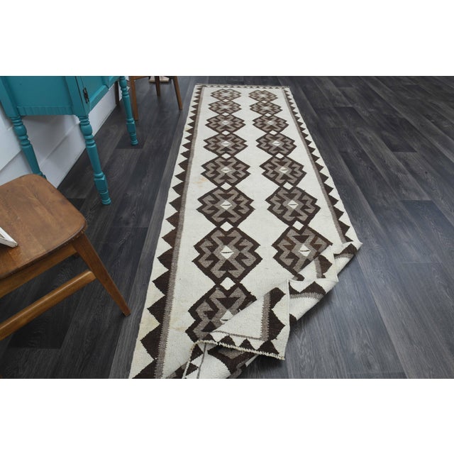 1970s Vintage Handmade Wool Cotton White Brown Runner Rug For Sale - Image 11 of 11