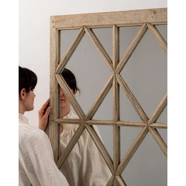 A decorative pair of 19th-century French oak panel mirrors with carved wooden frames. The tall, vertical format enhances...