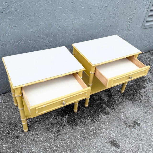 This pair of vintage coastal nightstands by Thomasville brings sunny Palm Beach charm to the bedroom. A soft yellow finish...