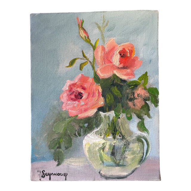 Vintage 1977 Original Oil Painting on Canvas – “Roses in Vase” by Flo Seymour For Sale