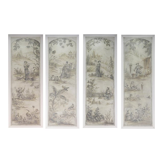A Retro Chinoiserie-Style Gray-Toned Decorative Mural (Four-Panel Painting) For Sale
