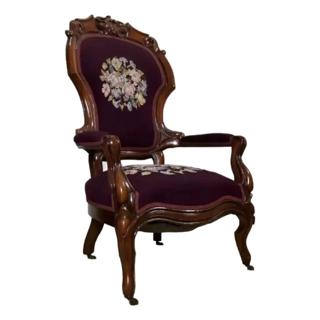 Elegant Late 19th Century Victorian Rococo Revival Walnut Needlepoint Upholstered Armchair For Sale