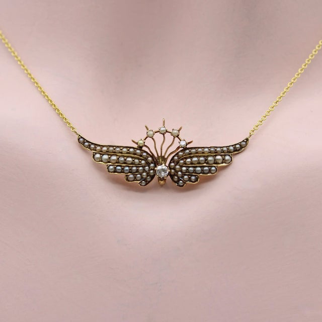 14K Gold Victorian Angel Wing Necklace with Diamond and Seed Pearls For Sale In Los Angeles - Image 6 of 7