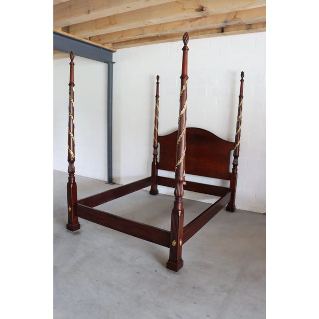 Henkel Harris Queen size bed in Mahogany, can be used as poster of canopy. Gilded spiraling leaf carvings on posts....