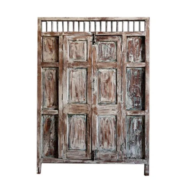 Indian Antique 1920s Whitewash Carved Indian Teak Wood Door, 84x59 For Sale - Image 3 of 4