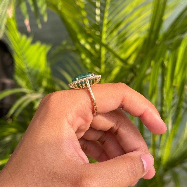 9.17 Ct Zambian Emerald Art Deco Cocktail Ring With Halo Diamonds in 14k Solid Gold Size 5.5 For Sale - Image 11 of 17