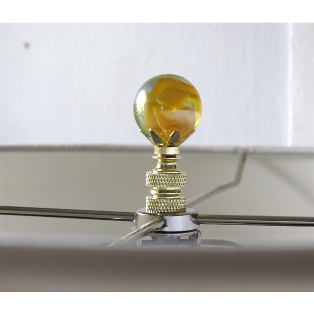 Mid-Century Modern Blown Murano Glass Table Lamp Finials. Cat's Eye Gold, Clear, Swirl Brass Bases, a Pair For Sale - Image 3 of 7