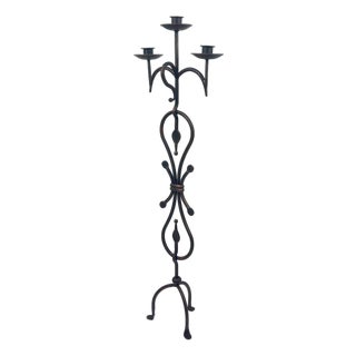 Hand Forged Wrought Iron Floor Candelabra 44.5″ (113cm) Antique Copper Patina 3-Arm Scroll Design Candle Holder Rustic Fireplace Decor For Sale