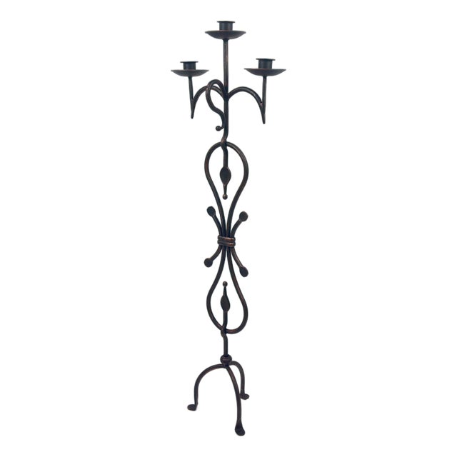 Hand Forged Wrought Iron Floor Candelabra 44.5″ (113cm) Antique Copper Patina 3-Arm Scroll Design Candle Holder Rustic Fireplace Decor For Sale