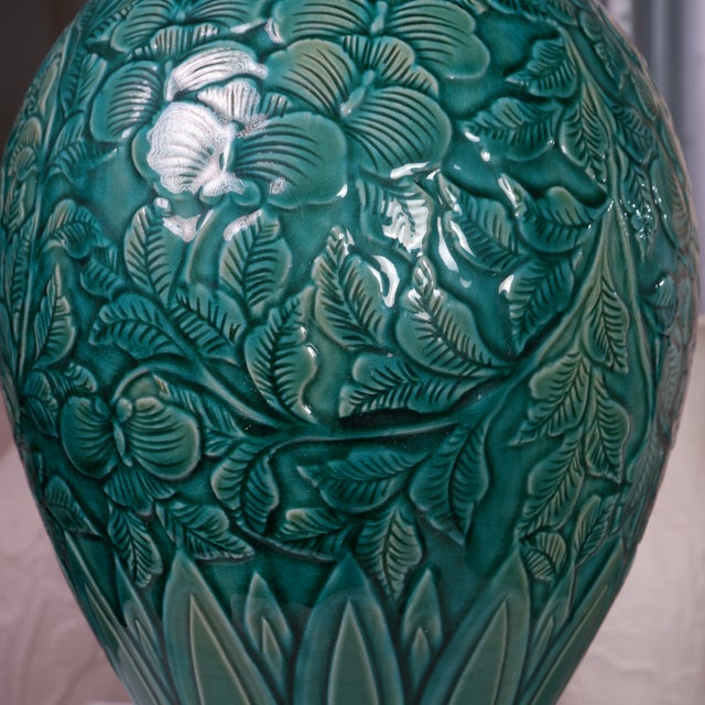 Hand-Carved Botanical Vase With Deep Turquoise-Emerald Glaze by Pottery 12, Hanoi Art Ceramic For Sale - Image 4 of 5