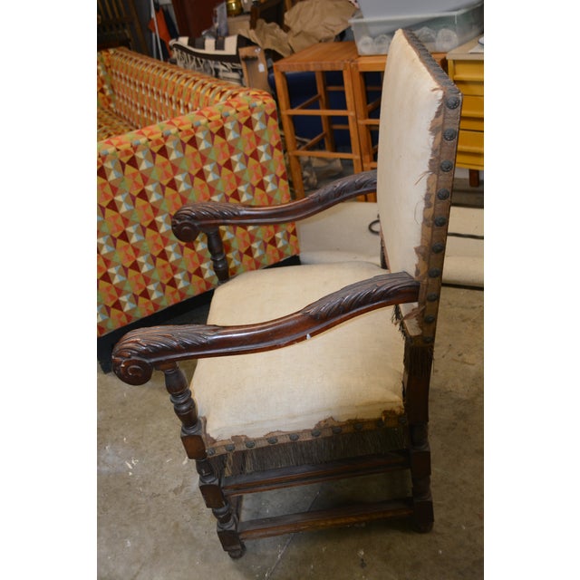 Antique Carved Wood Arm / Throne Chair Straw / Hair Stuffed W/ Metal Rivets For Sale - Image 4 of 17