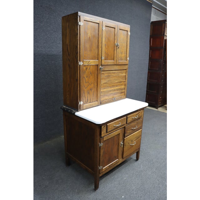 Wood Rare Antique Oak Hoosier Cabinet With Porcelain Work Surface For Sale - Image 7 of 10