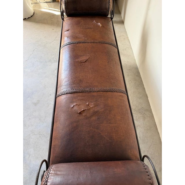Vintage Rustic Wrought Iron & Leather Scroll Bench For Sale - Image 9 of 17