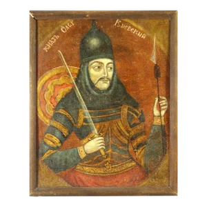 19th Century Russian School Oil on Wooden Board, Portrait of Duke Oleg of Kiev, Historicism