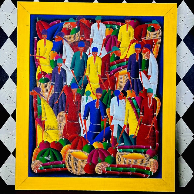 Yellow Signed Haitian Market Scene Folk Art Painting in Yellow Frame, 26" For Sale - Image 8 of 11