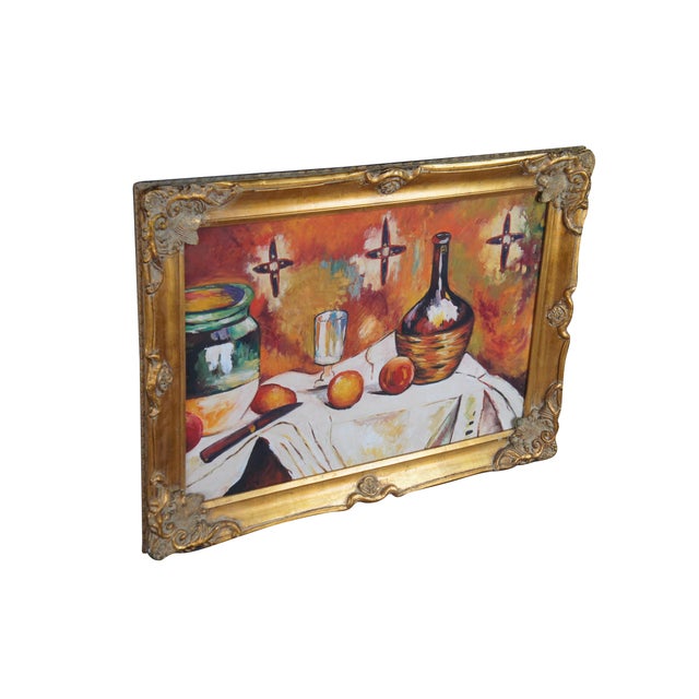 Vintage reproduction oil painting titled Flask, Glass and Jug, after the famous work by Paul Cézanne. It features everyday...