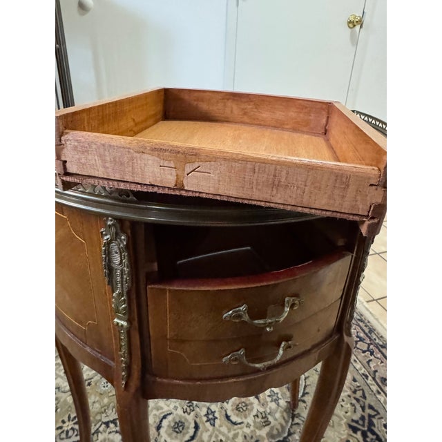 Pair of Vintage Louis XV Style Demilune Nightstands French Inlaid 3 Drawer Tables For Sale - Image 11 of 17
