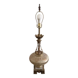 Vintage Art Deco Embossed Bronze & Brass Table Lamp Hand Painted Gold Tone, 1940