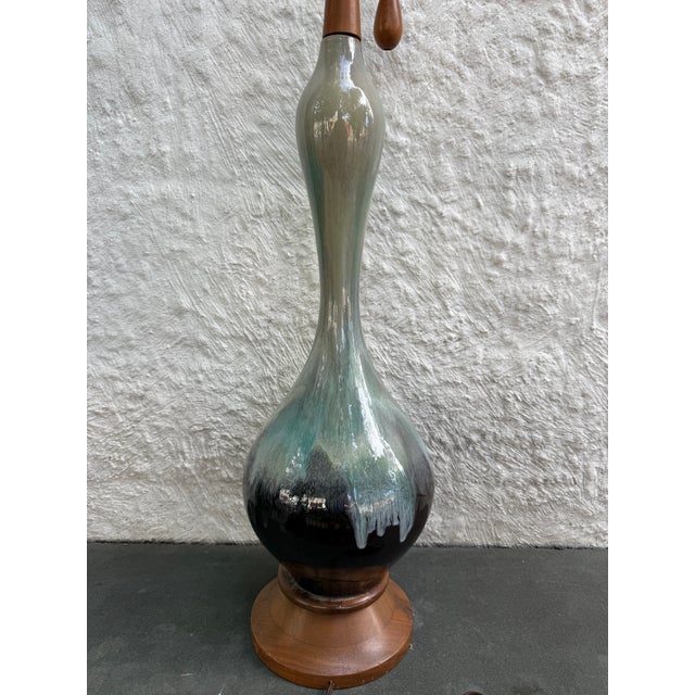 1950s Huge Drip Glaze Pottery Ceramic Lamp Mid Century Modern 37” Blue Green Black For Sale - Image 4 of 10
