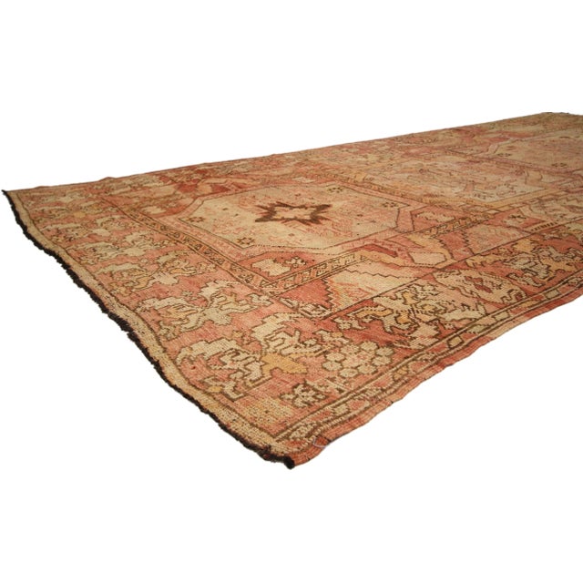 Distressed Vintage Turkish Oushak Gallery Rug with Rustic Art Deco Style 06'06 X 13'00. This hand-knotted wool distressed...